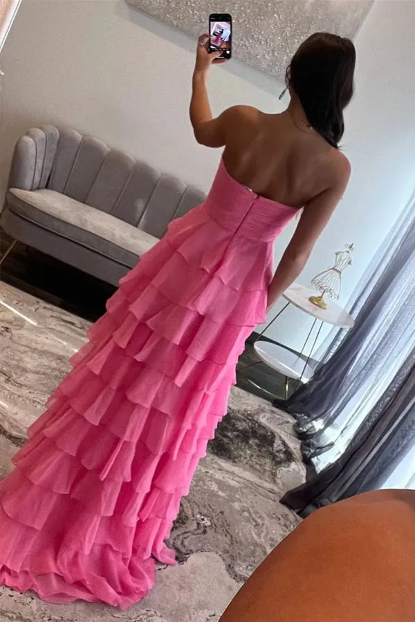 A Line Sweetheart Chiffon Tiered Pink Prom Dress with Bow TP1348