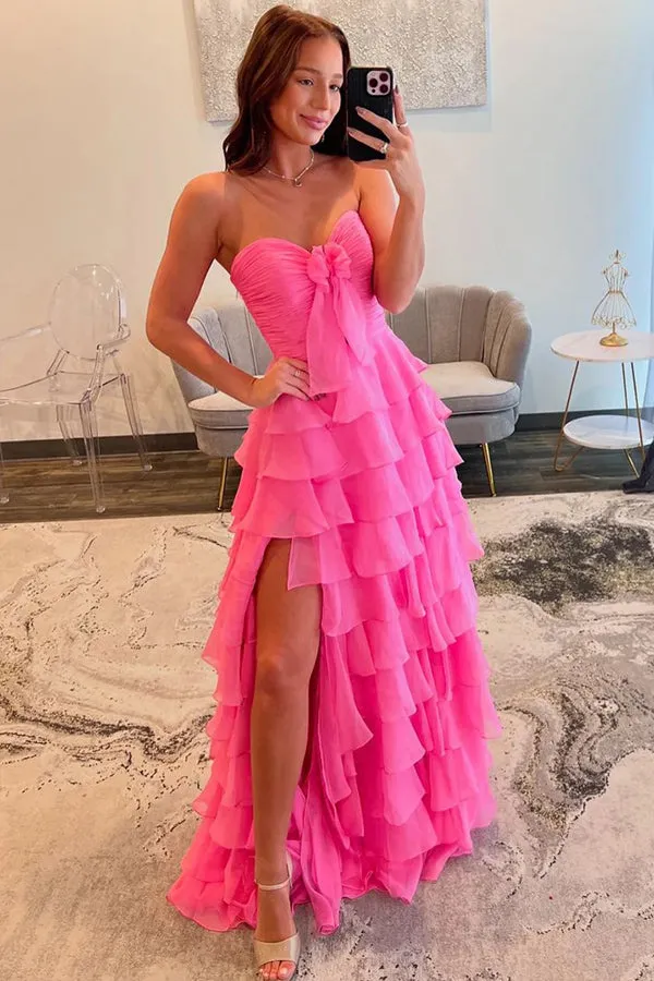 A Line Sweetheart Chiffon Tiered Pink Prom Dress with Bow TP1348