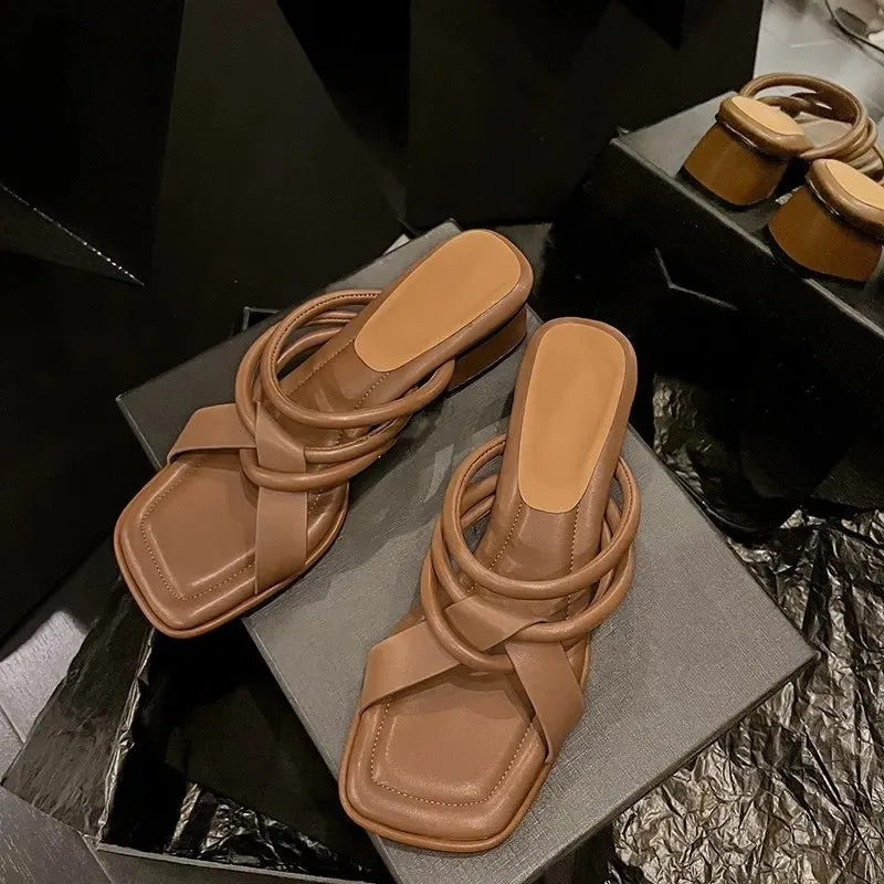 Square Toe Chunky Heels Elegant Designer Slippers Office Lady Open Toe Casual Shoes