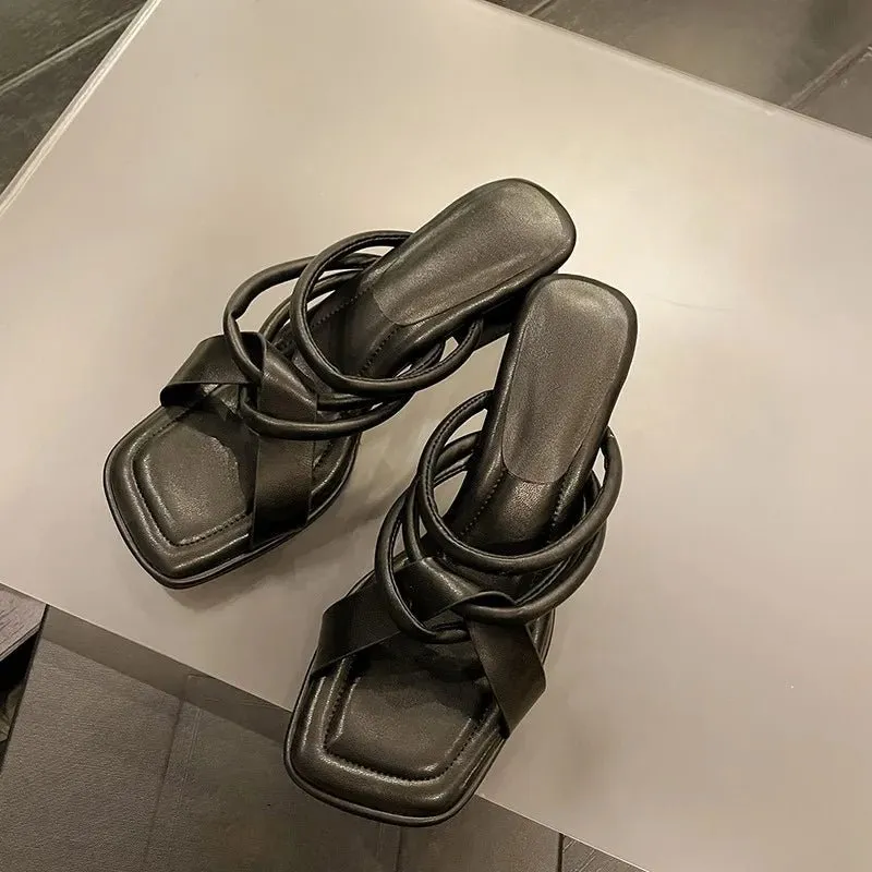 Square Toe Chunky Heels Elegant Designer Slippers Office Lady Open Toe Casual Shoes