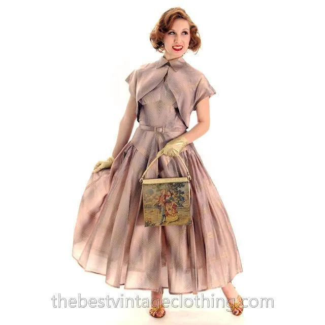 Vintage Halter Party Gown Pink Gold Metallic Silk Circle Skirt 1950s 34-26-Free